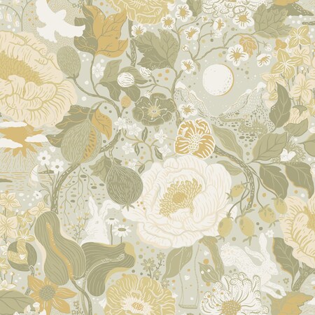 Manhattan Comfort Garfield Vxa Light Grey Rabbits  Rosehips 33 ft L X 209 in W Wallpaper BR4111-63015